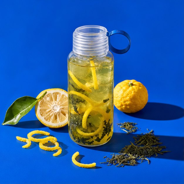 鈷藍背景上的柚香青茶隨行瓶與柚子